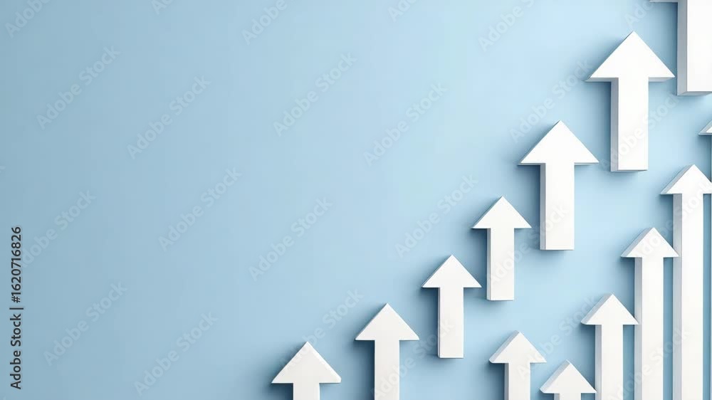 Poster arrows arranged in a pattern symbolize upward movement and success against a light blue backdrop con