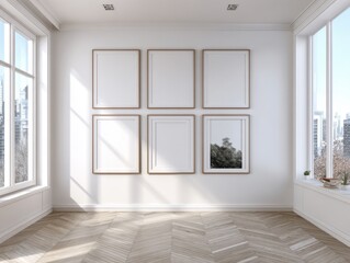 Obraz premium A white room with a window and a black and white picture on the wall. There are six empty picture frames on the wall
