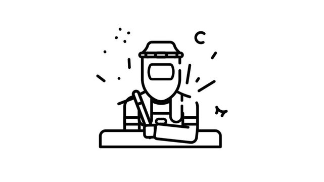 Welder with protective gear, welding a metal object in a workshop environment, vector style