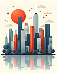 A vibrant cityscape illustration with a reflective water feature and a bright sunset.