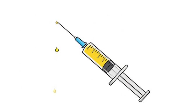 Syringe with Yellow Liquid Dripping Against White Background