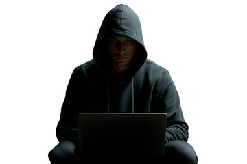 Photo of a hooded hacker is using a laptop to try and steal data and break into a secure network system isolated on transparent background