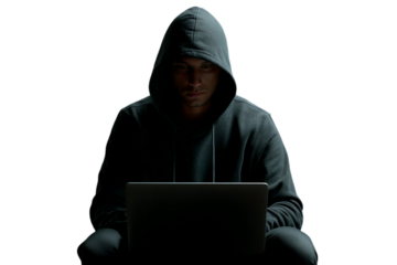 Photo of a hooded hacker is using a laptop to try and steal data and break into a secure network system isolated on transparent background
