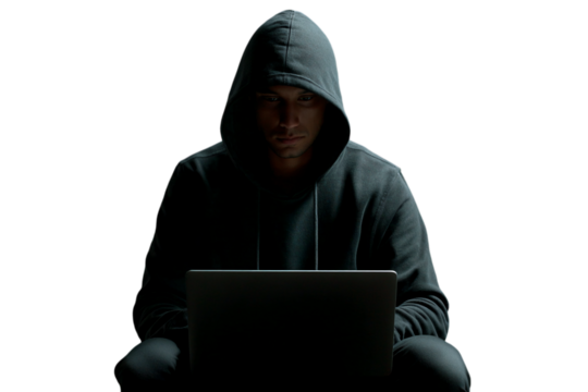 Photo of a hooded hacker is using a laptop to try and steal data and break into a secure network system isolated on transparent background