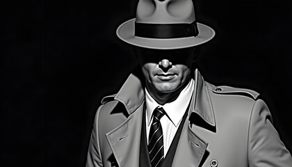 A mysterious figure in a fedora and trench coat, perfect for a noir concept.