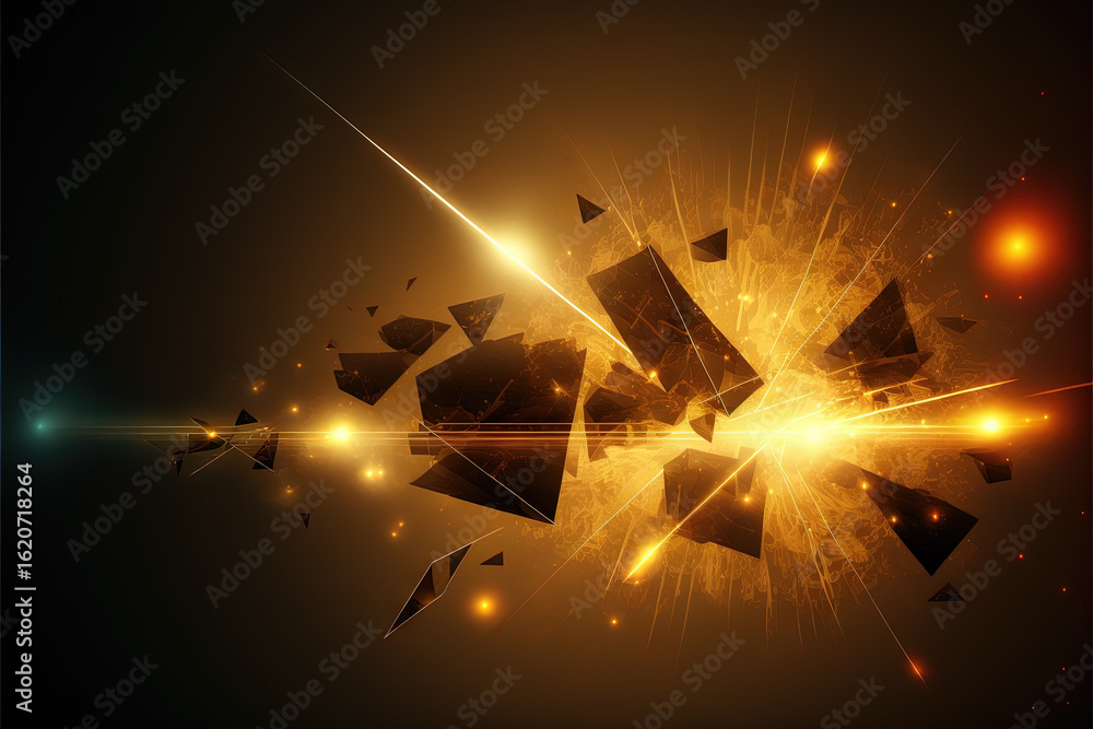 Poster abstract 3d explosion with golden shards and glowing dynamic particles