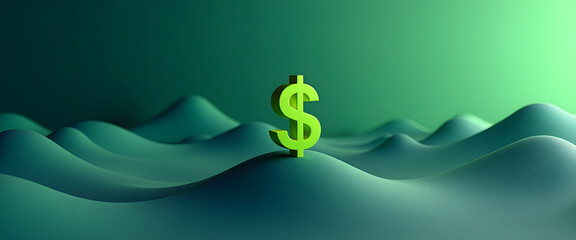 A bright green dollar sign sits atop rolling waves, representing financial strength.