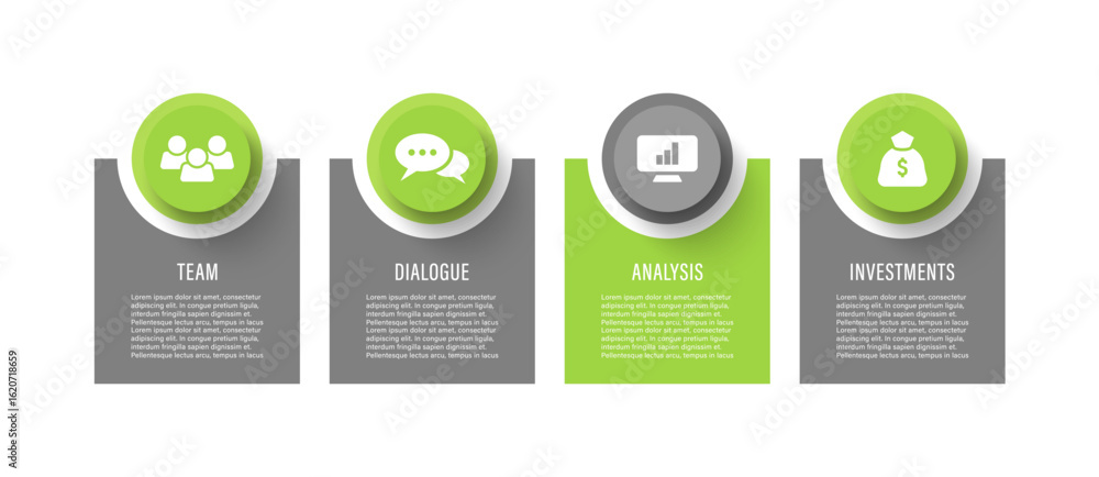 Poster horizontally arranged infographic elements. four steps of the process business infographic layout wi