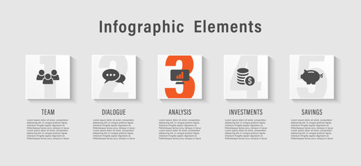5 step infographics design template with text and icons.