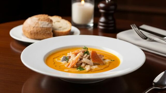 A warm bowl of creamy seafood bisque with fresh bread on a wooden table. Elegant fine dining meal.