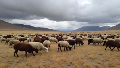 Obraz premium A vast flock of sheep grazes in a scenic field under a cloudy sky, creating a peaceful rural landscape.