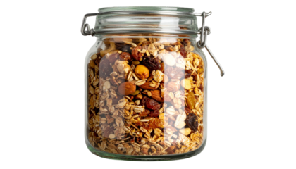 Glass jar filled with homemade organic granola, isolated on a transparent background