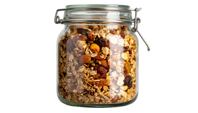 Glass jar filled with homemade organic granola, isolated on a transparent background