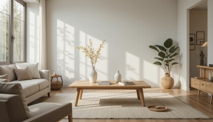 Fototapeta premium Close up Table in cozy living room, soft natural light