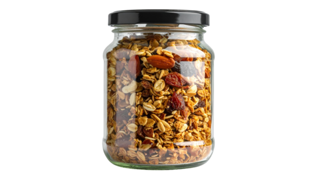 Glass jar filled with homemade organic granola, isolated on a transparent background