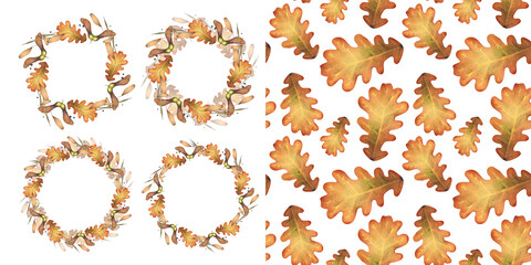 Autumn leaves wreath and seamless pattern watercolor illustration. Set of autumn templates for greeting cards and invitations. Dried fallen leaves of orange color with grass