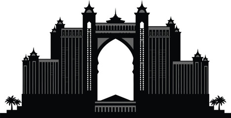 Obraz premium High-Definition Solid Black Silhouette of Atlantis, The Palm Exterior with Perfect Proportions and Sharp Edges black and white with white background flat vector miniimal 