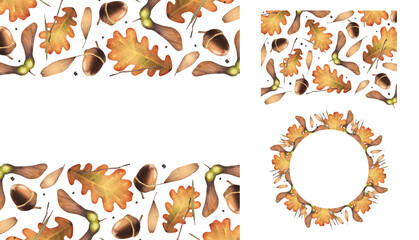 Set of autumn frames with leaves and acorns watercolor illustration. Templates of autumn fallen leaves for greeting cards, invitations and banners. Natural beauty