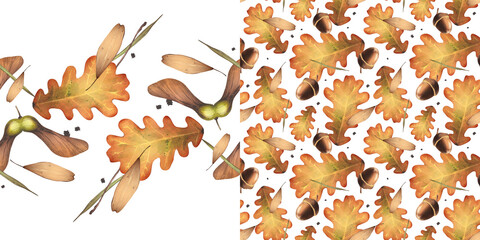 Autumn leaves seamless pattern and horizontal border watercolor illustration. Yellow ornament from fallen leaves for packaging, textiles, wallpaper