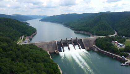 This aerial view captures a massive dam and the picturesque landscape surrounding the river and mountains.