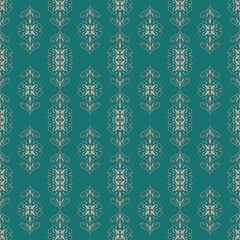 Thai Ornamental Seamless Pattern with Gold Line Motif on Teal Background