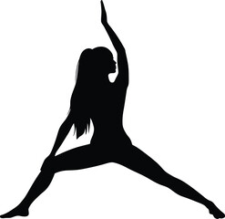 Fototapeta premium Minimalist black silhouette of a graceful woman in yoga pose, featuring elegant body flow, solid shape design on white background for wellness or fitness themes 