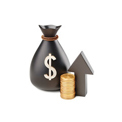 Money Bag with Dollar Sign & Gold Coin Stack - Finance, Banking and Investment Growth Concept. 3D Illustration of Wealth, Profit Increase and Economic Success