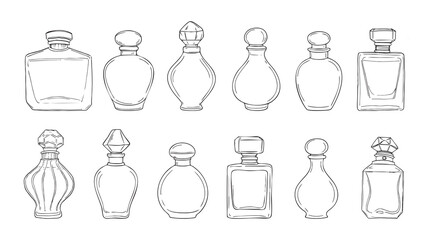 Elegant perfume bottle sketches in vintage style with clean black lines. Great for branding, packaging, cosmetic ads, or feminine product layouts.
