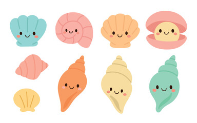 Happy pastel seashells and conchs with smiling faces in kawaii style. Ideal for summer crafts, ocean-themed decor, or children’s printables.
