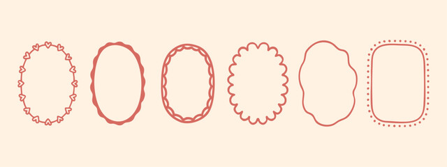 Cute hand drawn oval doodle frames with hearts and scalloped edges in pastel tones. Perfect for journaling, scrapbooking, or digital paper designs.
