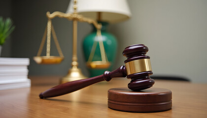 A wooden gavel rests on a block, with a scale and lamp, representing law and justice.