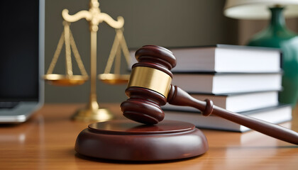 Wooden gavel resting on a table with balance scale and books, representing law and justice.