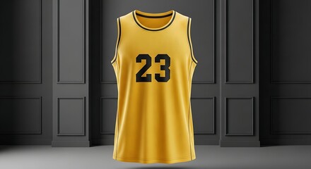 A bright yellow and black sports jersey with number 23 hangs against gray background.
