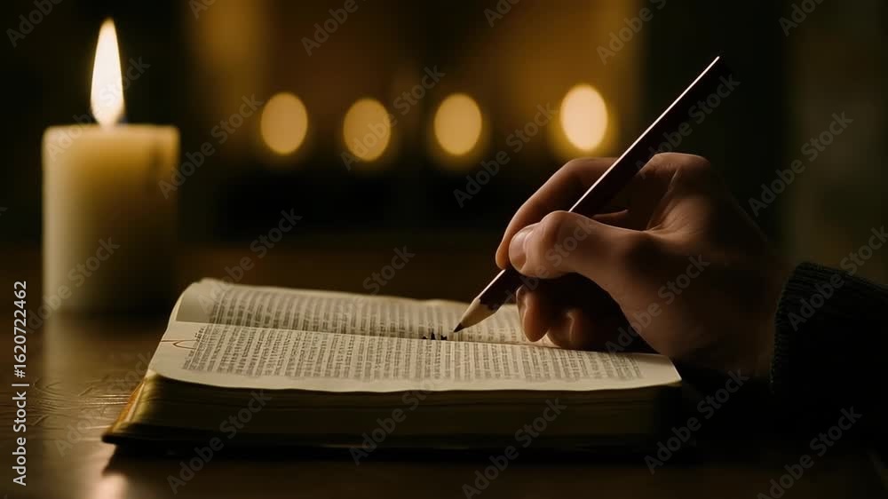 Poster a hand gracefully writes notes in a book while a candle flickers softly, creating a warm and tranqui