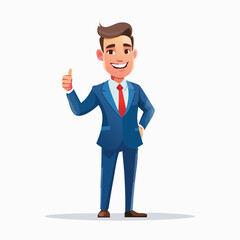 Smiling Businessman Giving Thumbs Up: A confident businessman, attired in a sharp blue suit and a vibrant red tie, confidently gives a thumbs-up, epitomizing positivity and approval.