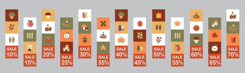 Autumn set of simple sale banners. Set of autumn price tags and discount labels. Geometric abstract autumn flyer template with Scandinavian mosaic.