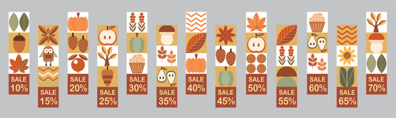 Autumn set of simple sale banners. Set of autumn price tags and discount labels. Geometric abstract autumn flyer template with Scandinavian mosaic.