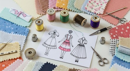 A creative workspace showcasing a fashion design sketch for a miniature dress collection, surrounded by threads and sewing essentials.