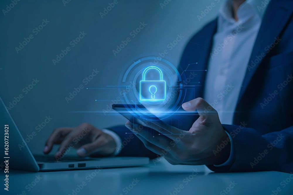 Poster modern cybersecurity concept, businessman entering password on smartphone, emphasizing encrypted dat