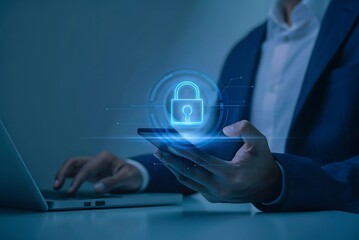 Modern cybersecurity concept, businessman entering password on smartphone, emphasizing encrypted data, internet privacy, secure login and digital protection. Secure Cyber Security Network.