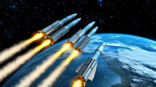 Multiple rockets ascend into space, igniting with bright flames, showcasing advanced technology and the vastness of the universe