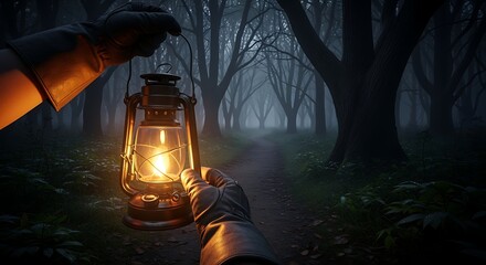 Hands Holding Lit Lantern Illuminating a Mysterious, Foggy Forest Path