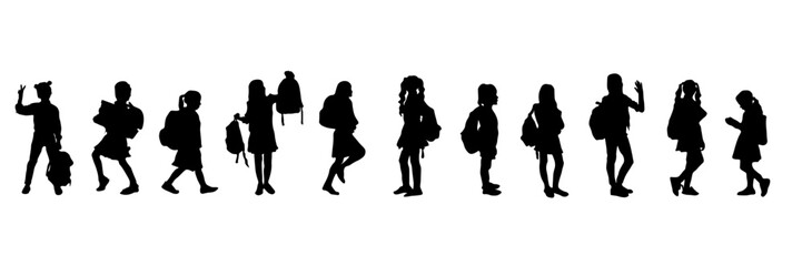 Silhouettes of schoolgirls with backpacks and books. Girls in motion. Ideal for educational literature, posters, postcards, textbooks.