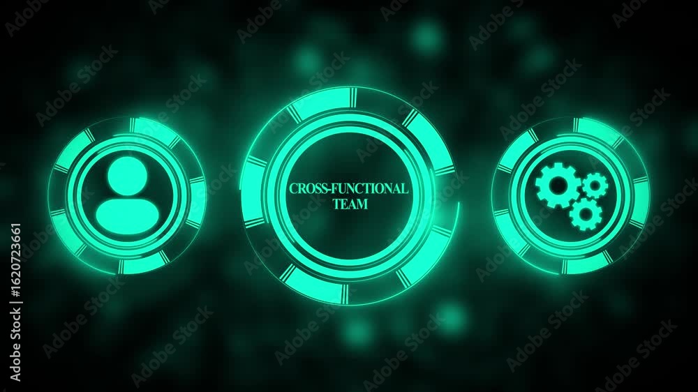 Poster cross functional team collaboration concept visualization glowing neon interface design for