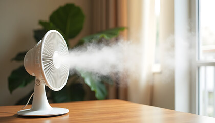 A refreshing image featuring a humidifier fan blowing steam in a room.