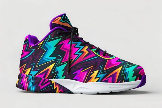 Isolated on white background, a colorful and vibrant sneaker with lightning bolt patterns, perfect for sports, fashion, and athletic training, showcasing a modern and trendy design - Powered by Adobe
