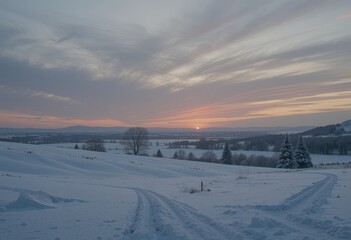 Close up Soft Pastel Sunset Sky Over Snowy Landscape