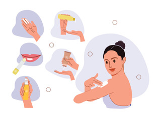 Woman applying sunscreen with SPF products, sunglasses, and hat for sun protection and skincare in summer season. Flat vector concept illustration