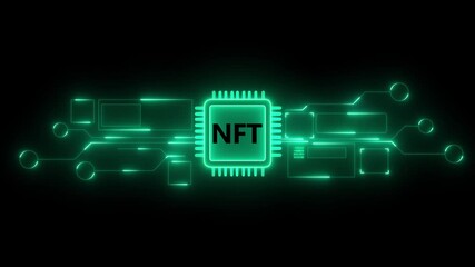 abstract glowing NFT processor with connections and signals. Technology NFT background. Pulses and signals from the chip propagate through the motherboard. 4k animation isolated on black backgound. - Powered by Adobe