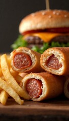 Crispy corn dogs with hot dogs served with golden fries and a cheeseburger in the background
